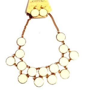 Stylish Gold-tone White Flat Round Discs Necklace & Matching Earrings Set Womens